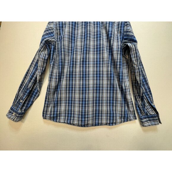 PD&C Men's Button Up Cotton Shirt Size L Blue White Plaid Long Sleeve Pockets - Picture 10 of 11